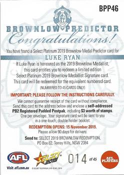 2019 Select Footy Stars - Brownlow Predictors Platinum #BPP46 Luke Ryan Back